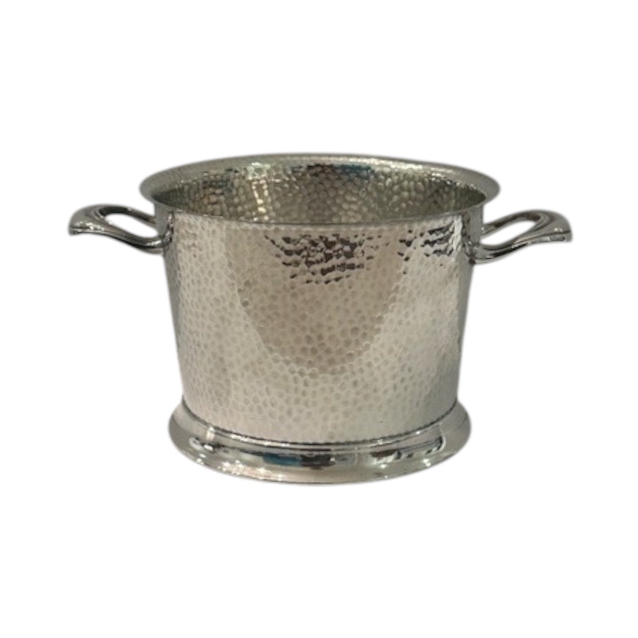 Hammered silver-plate ice bucket with twin scroll handles, front three-quarter view