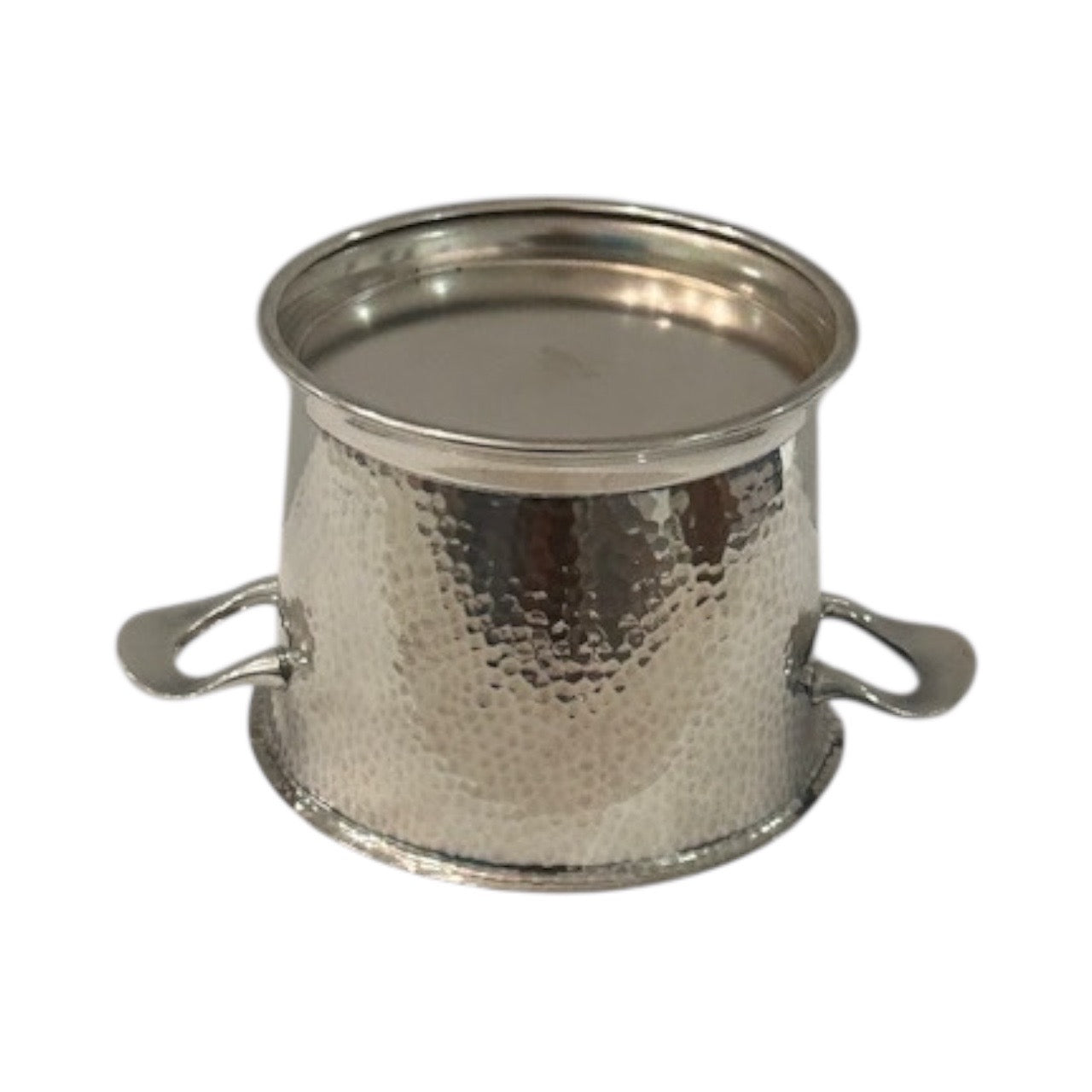 Hammered silver-plate ice bucket, three-quarter view from above showing rim, handles and base
