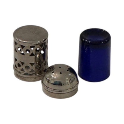 Antique EPNS shaker disassembled into pierced silver body, domed cap, and cobalt blue glass liner