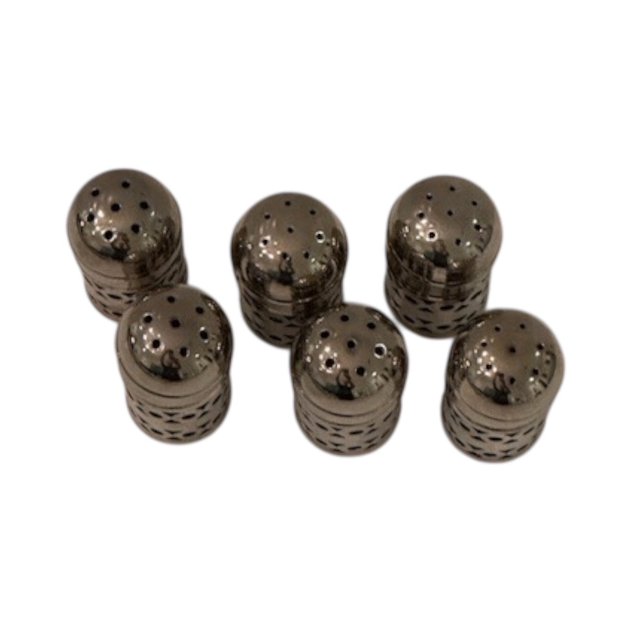 Six EPNS shakers arranged in two rows, perforated domed tops facing up