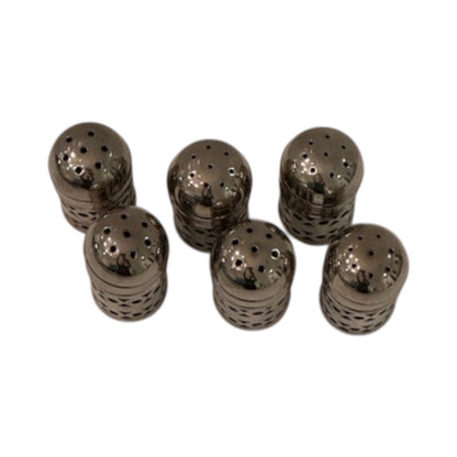 Six EPNS shakers arranged in two rows, perforated domed tops facing up