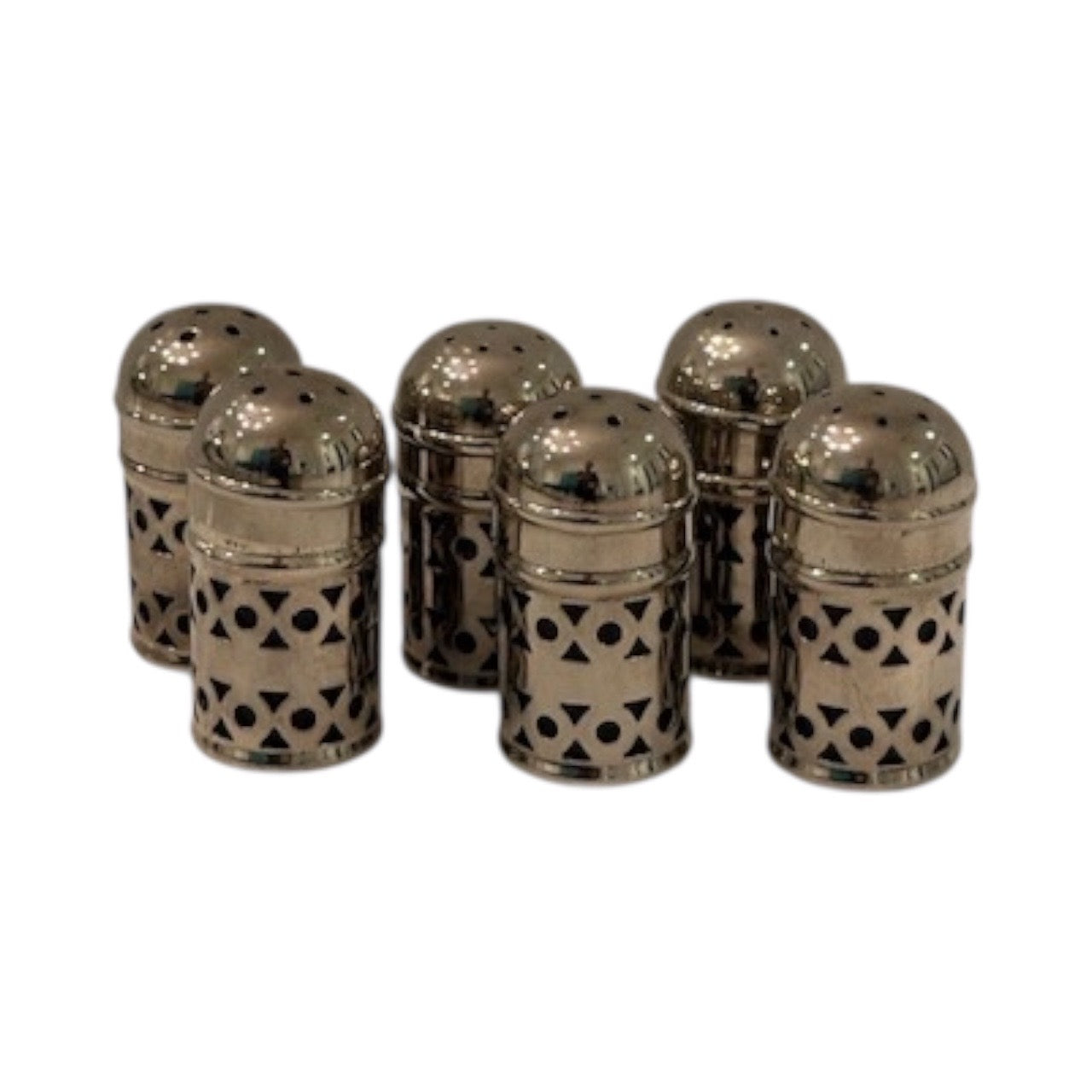 Set of six antique EPNS silver salt and pepper shakers with pierced bodies and domed perforated tops