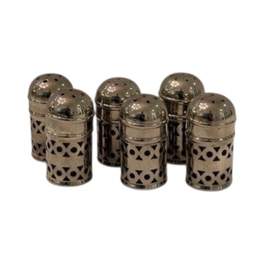 Set of six antique EPNS silver salt and pepper shakers with pierced bodies and domed perforated tops