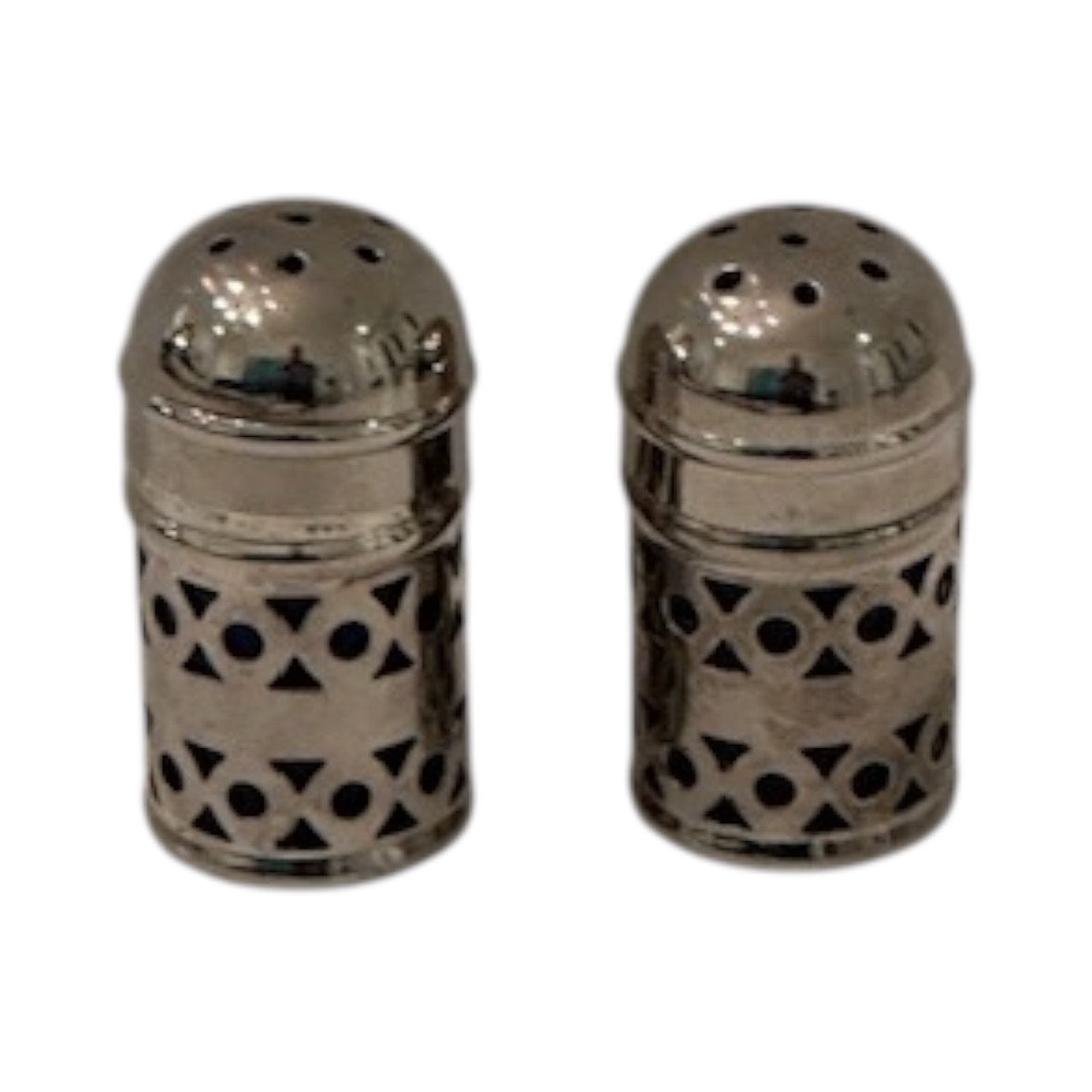 Pair of antique EPNS shakers with pierced bodies and domed perforated tops