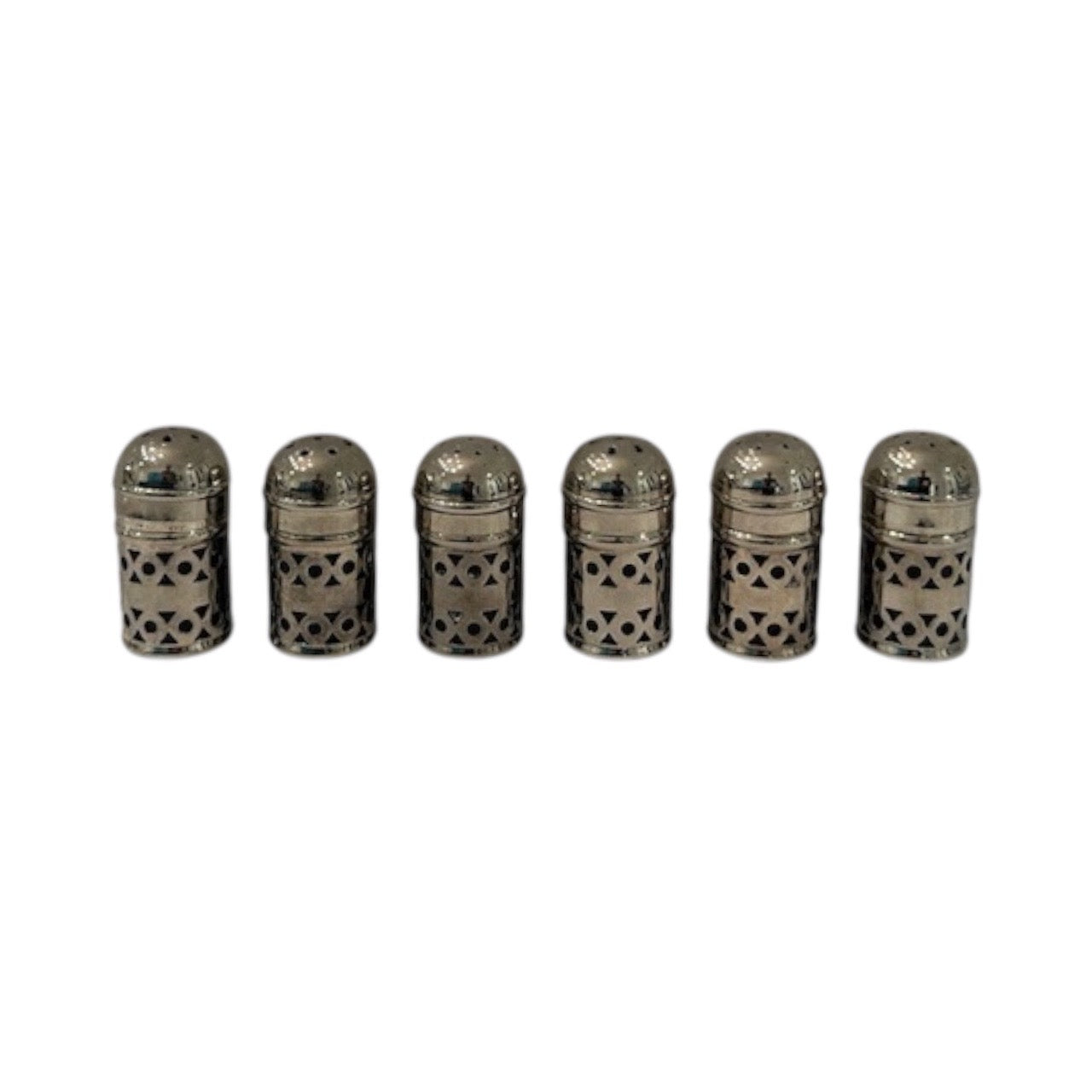 Six pierced silver EPNS salt and pepper shakers lined up in a row, front view