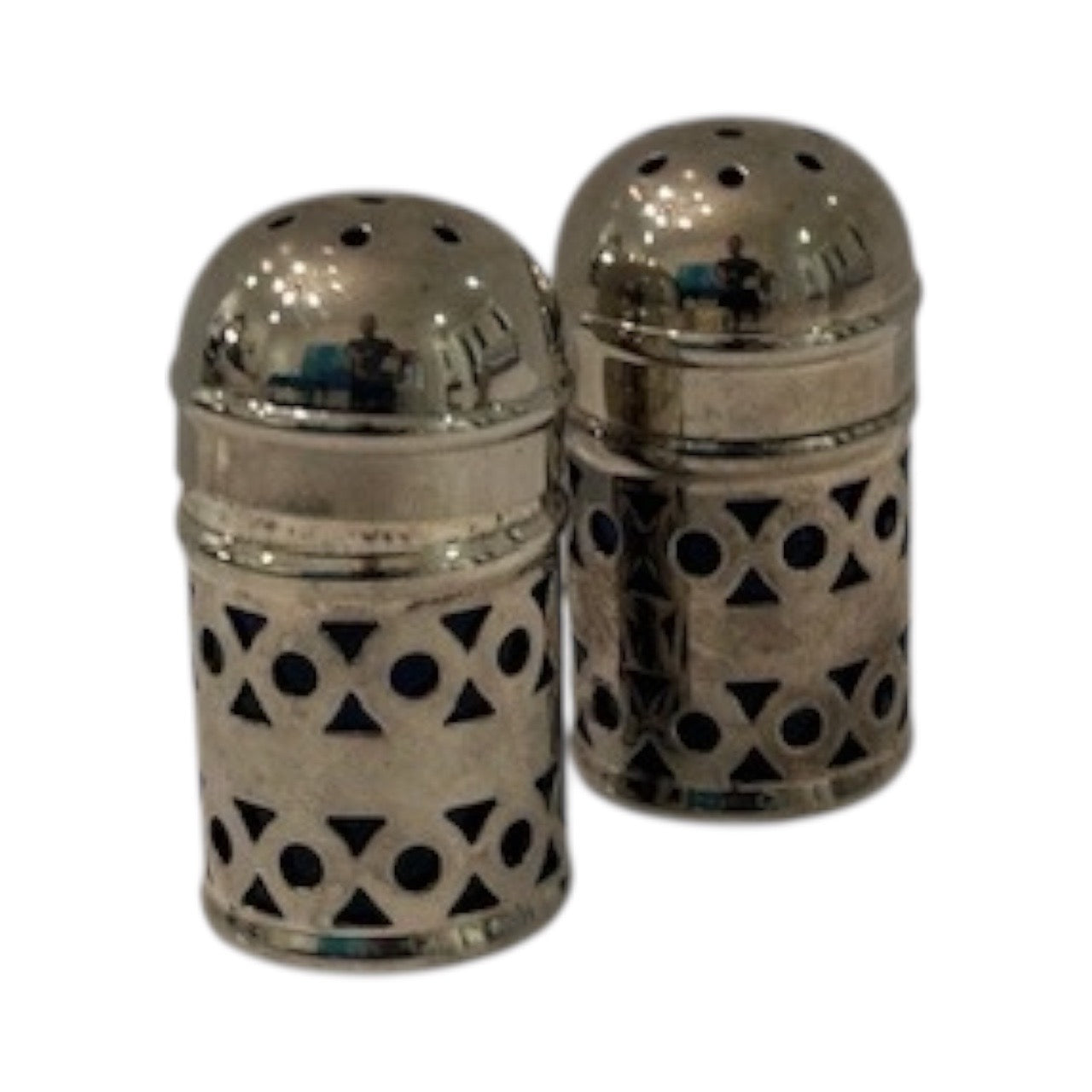 Pair of pierced silver EPNS shakers with domed perforated caps, front view