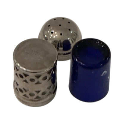 EPNS shaker taken apart: pierced body, perforated cap, and cobalt blue glass liner
