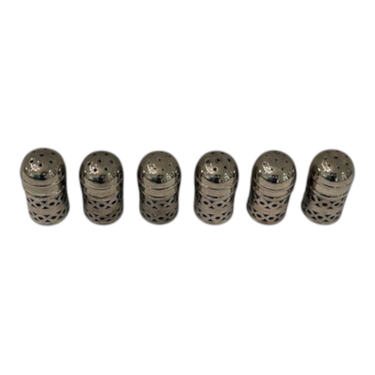 Six pierced EPNS shakers viewed from above showing domed perforated tops