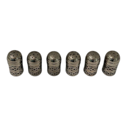Six pierced EPNS shakers viewed from above showing domed perforated tops