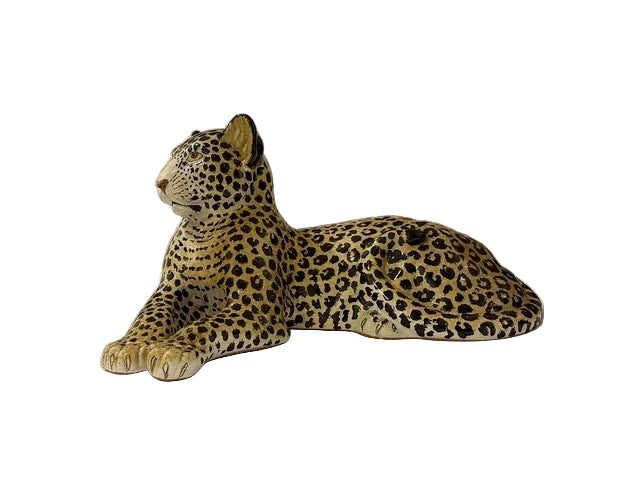 Italian majolica ceramic leopard figurine reclining, hand-painted spotted coat, left profile
