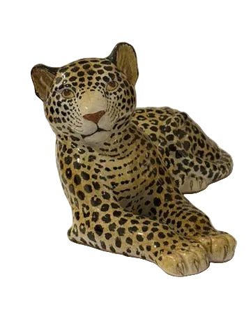 Majolica hand-painted ceramic leopard figurine facing forward, spotted coat, seated pose