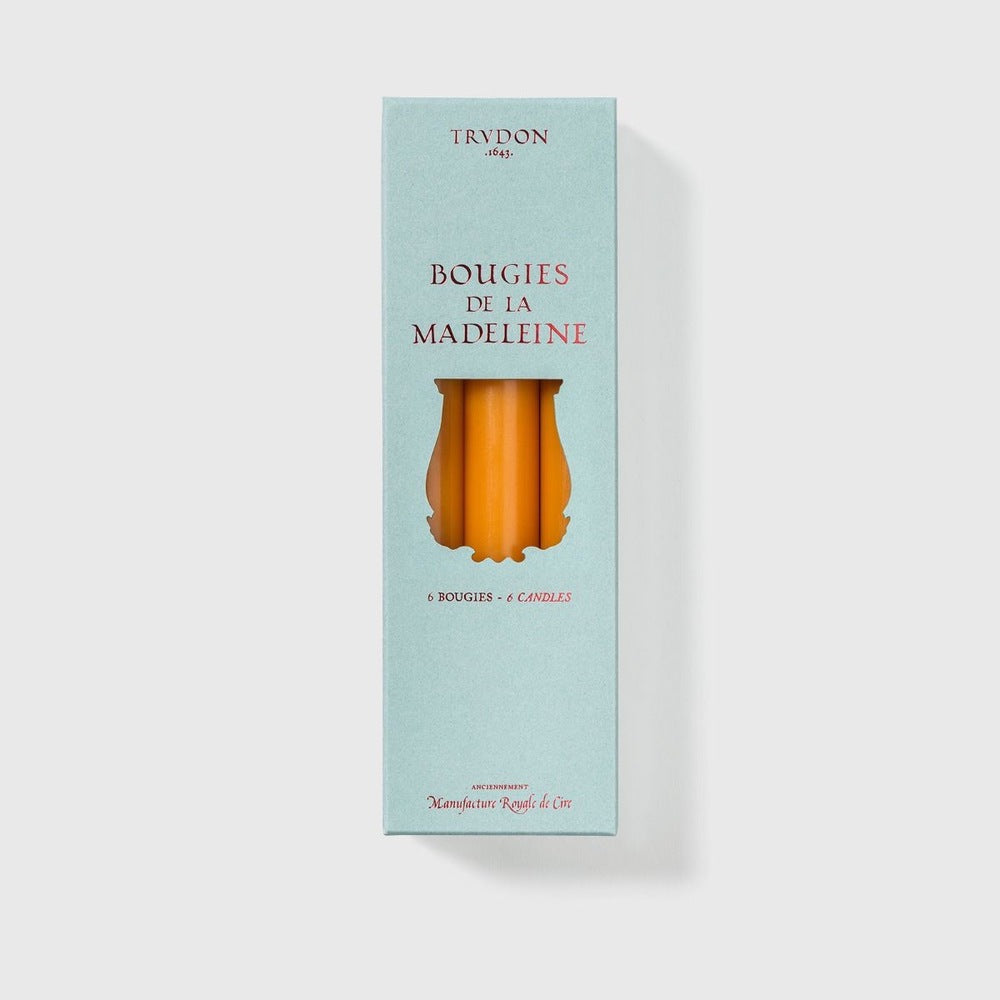 Trudon Madeleine Mimosa box in pale blue with amber taper candles shown through the cutout, 6 candles