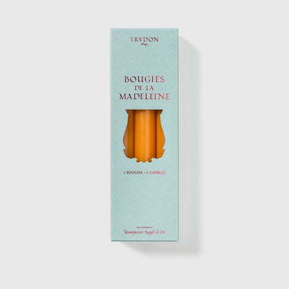 Trudon Madeleine Mimosa box in pale blue with amber taper candles shown through the cutout, 6 candles