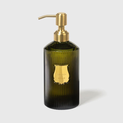 Trudon Medie hand soap in ribbed dark green glass bottle with brass pump and gold Trudon shield label