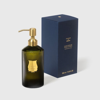 Trudon Medie hand soap bottle beside its navy gift box, 350ml