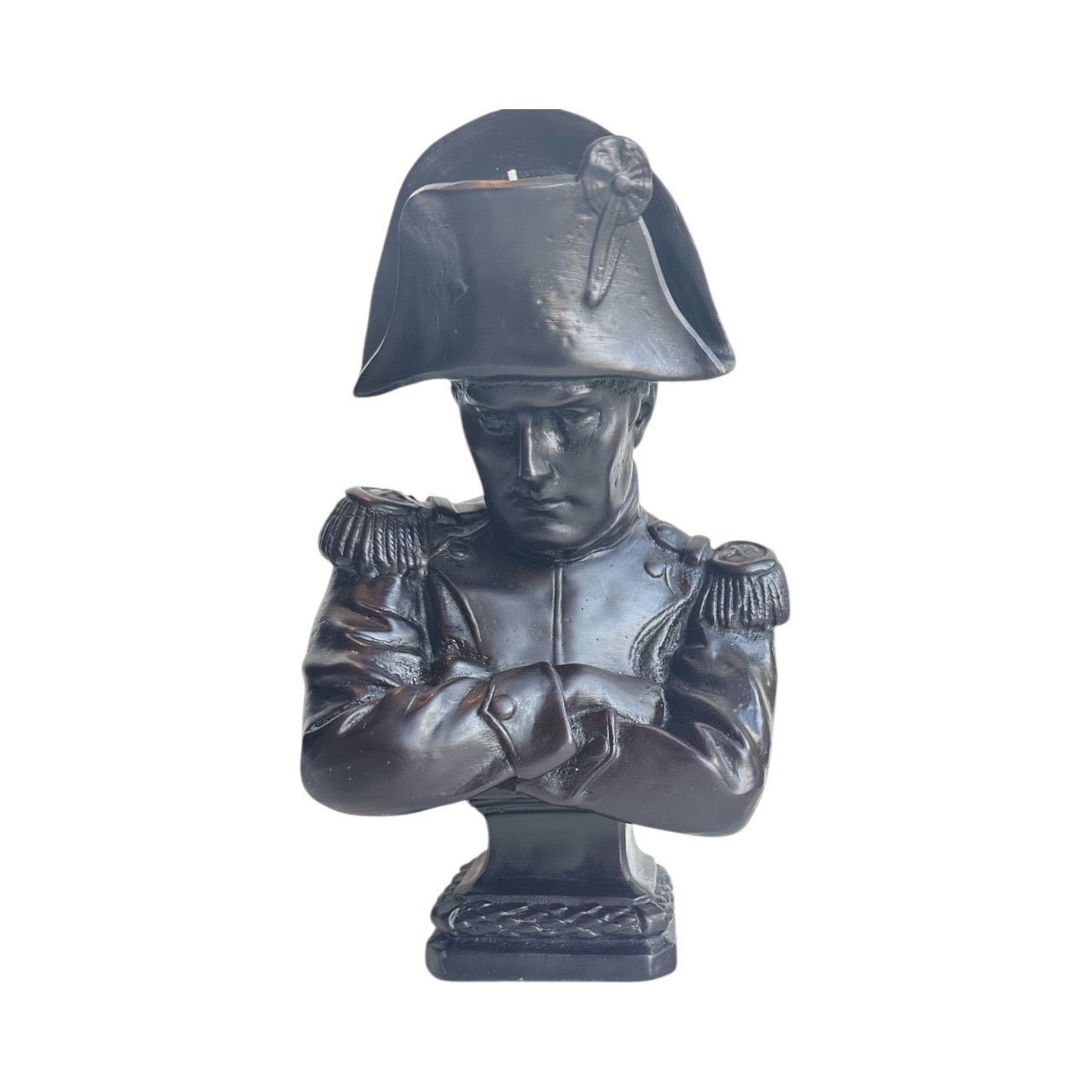 Trudon Napoleon bust candle in black wax, bicorne hat and crossed arms, front view