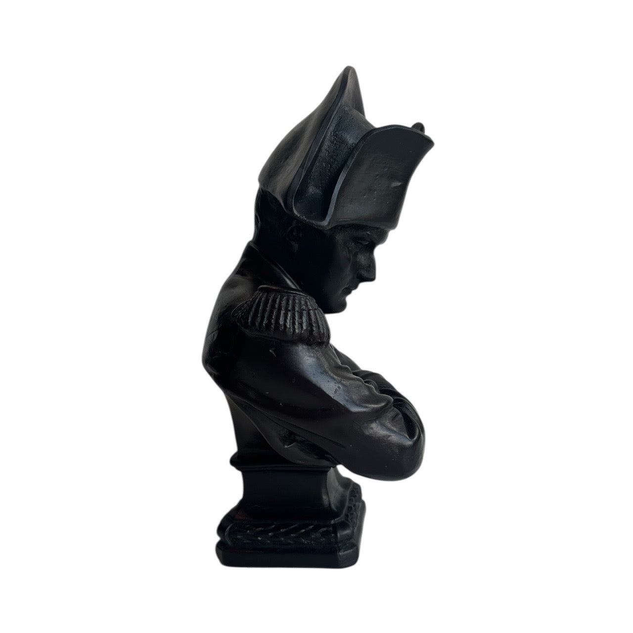 Trudon Napoleon black bust candle, side profile with bicorne hat and epaulettes