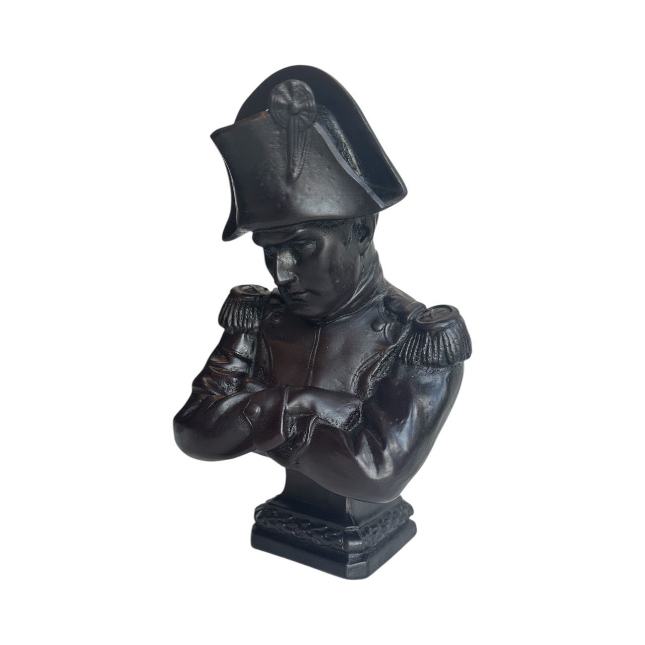 Trudon Napoleon black bust candle, bicorne hat and crossed arms, three-quarter view