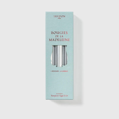 Trudon Madeleine silver taper candles, aqua box with silver candle motif, 6 candles