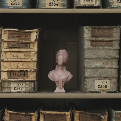Trudon Marie-Antoinette rose bust candle on an archive shelf between aged ledgers