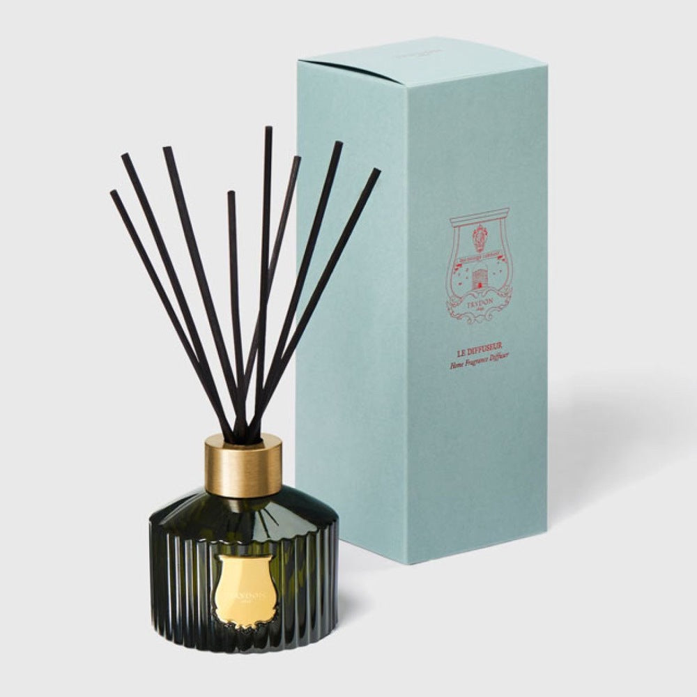 Trudon Abd El Kader diffuser beside pale aqua 'Le Diffuseur' gift box with red crest