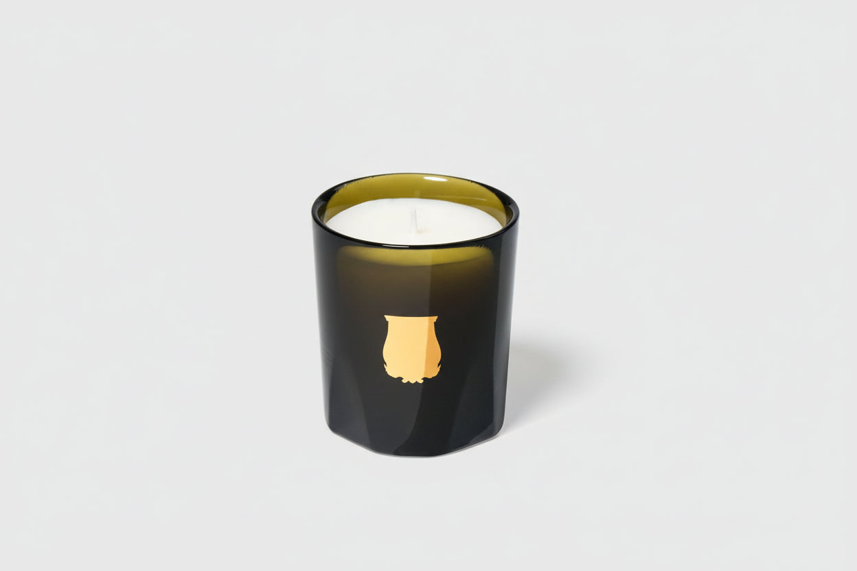 Trudon Cyrnos petite candle, dark green glass tumbler with gold Trudon crest