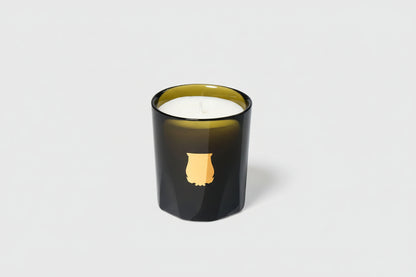 Trudon Cyrnos petite candle, dark green glass tumbler with gold Trudon crest