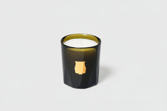 Trudon Cyrnos petite candle, dark green glass tumbler with gold Trudon crest