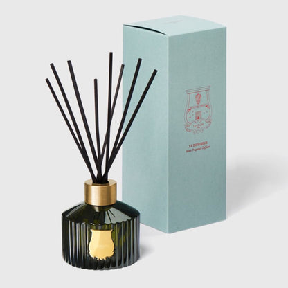 Trudon Cyrnos diffuser beside pale aqua 'Le Diffuseur' gift box with red Trudon crest