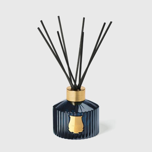 Trudon Reggio diffuser, navy ribbed glass bottle with black reeds and gold Trudon crest