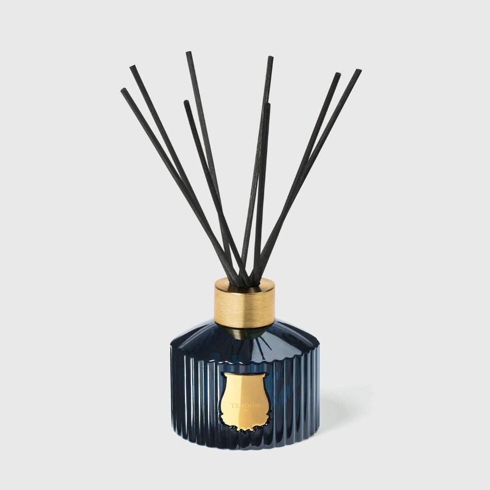Trudon Reggio diffuser, navy ribbed glass bottle with black fragrance reeds and gold crest