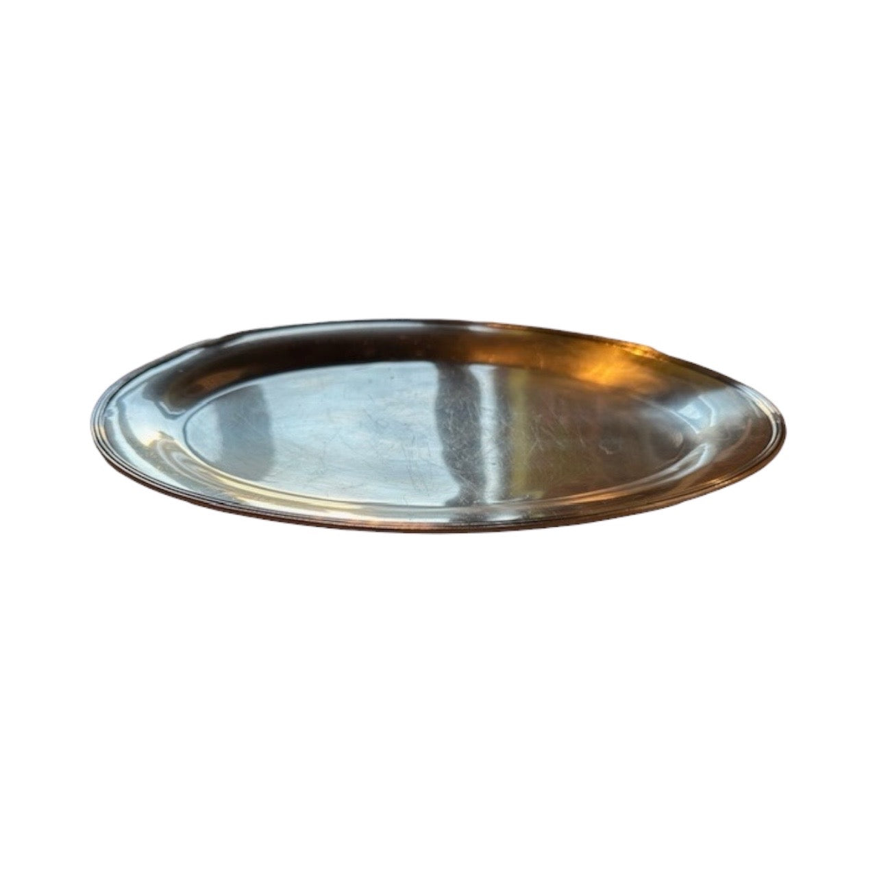 Large oval silver-plate serving tray viewed front-on with a beaded reeded edge.