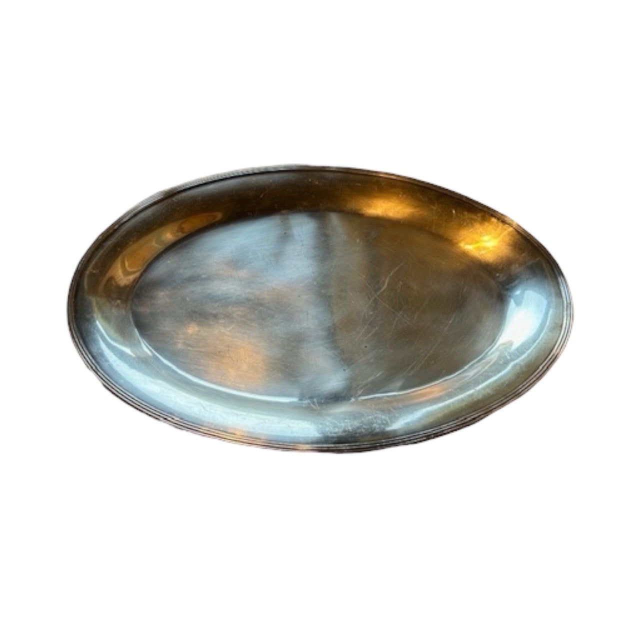 Large oval silver-plate tray shown at an angle with a reeded rim and reflective surface.