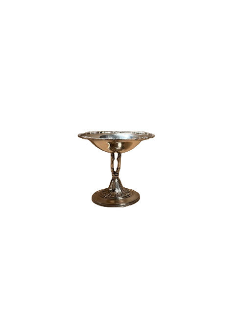 Vintage silver plate footed compote, shallow scalloped-rim bowl on a baluster stem and domed foot.