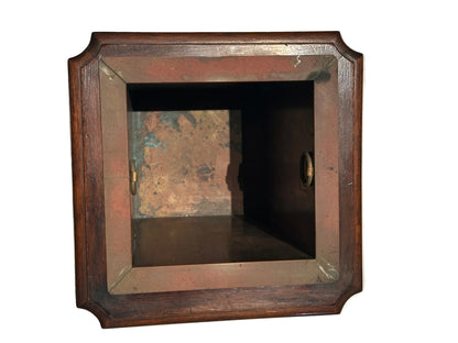 Mahogany umbrella stand front view, square copper-lined interior with aged reddish patina