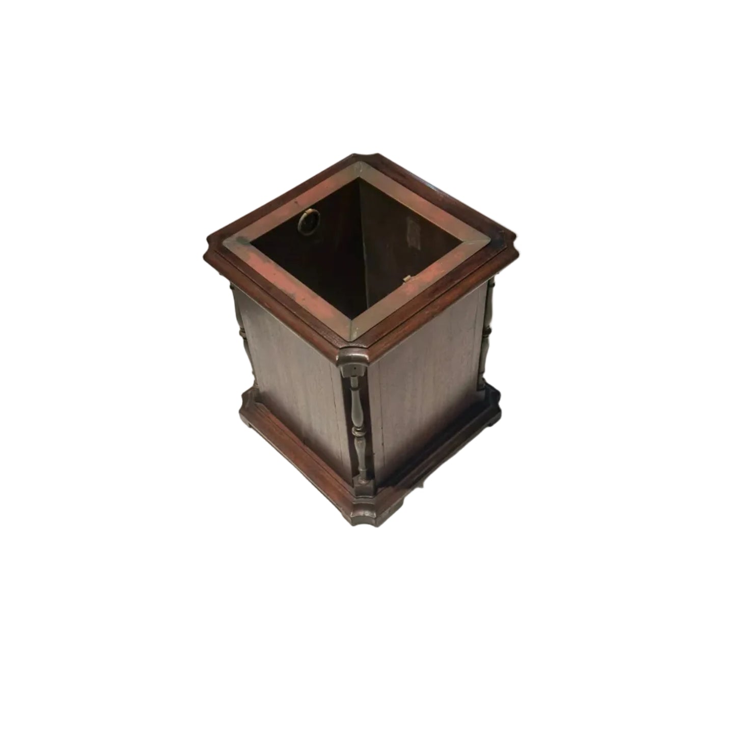 Mahogany umbrella stand, angled top view showing square copper-lined well and turned corner columns