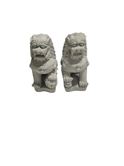 Front view of cast concrete Foo dog pair, one with a ball, one with a cub underfoot