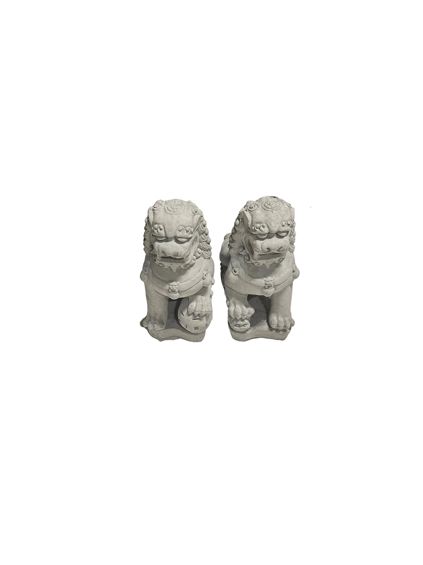Pair of cast concrete Foo dogs facing forward, seated guardian lions, front view