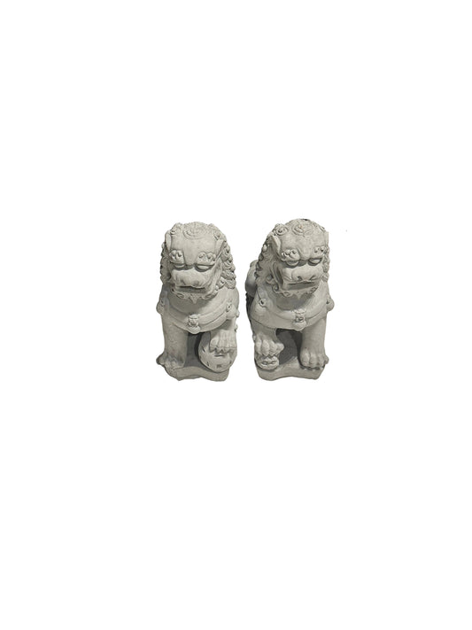 Pair of cast concrete Foo dogs facing forward, seated guardian lions, front view