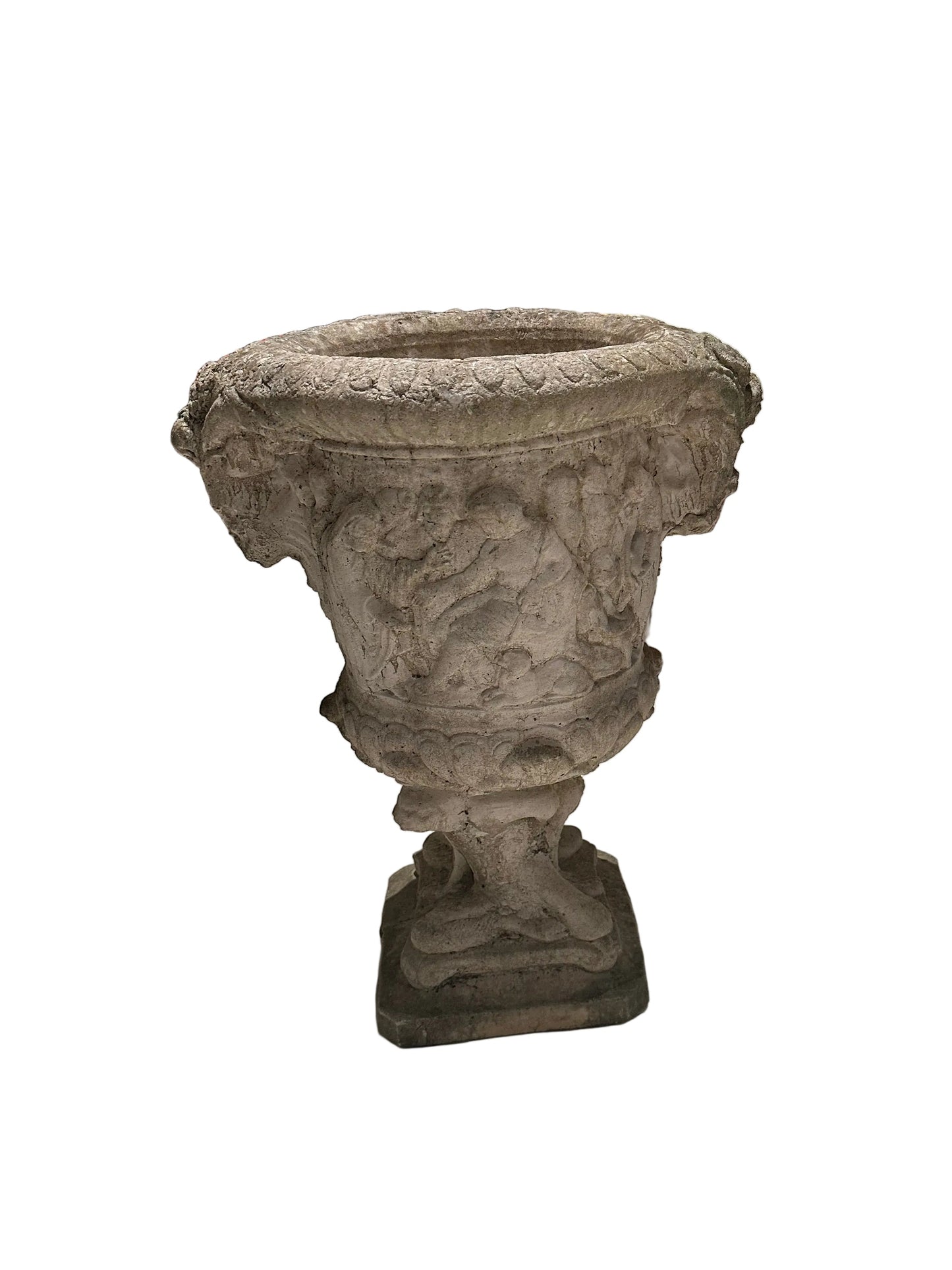 Full three-quarter view of concrete Regency urn with figural relief on square base