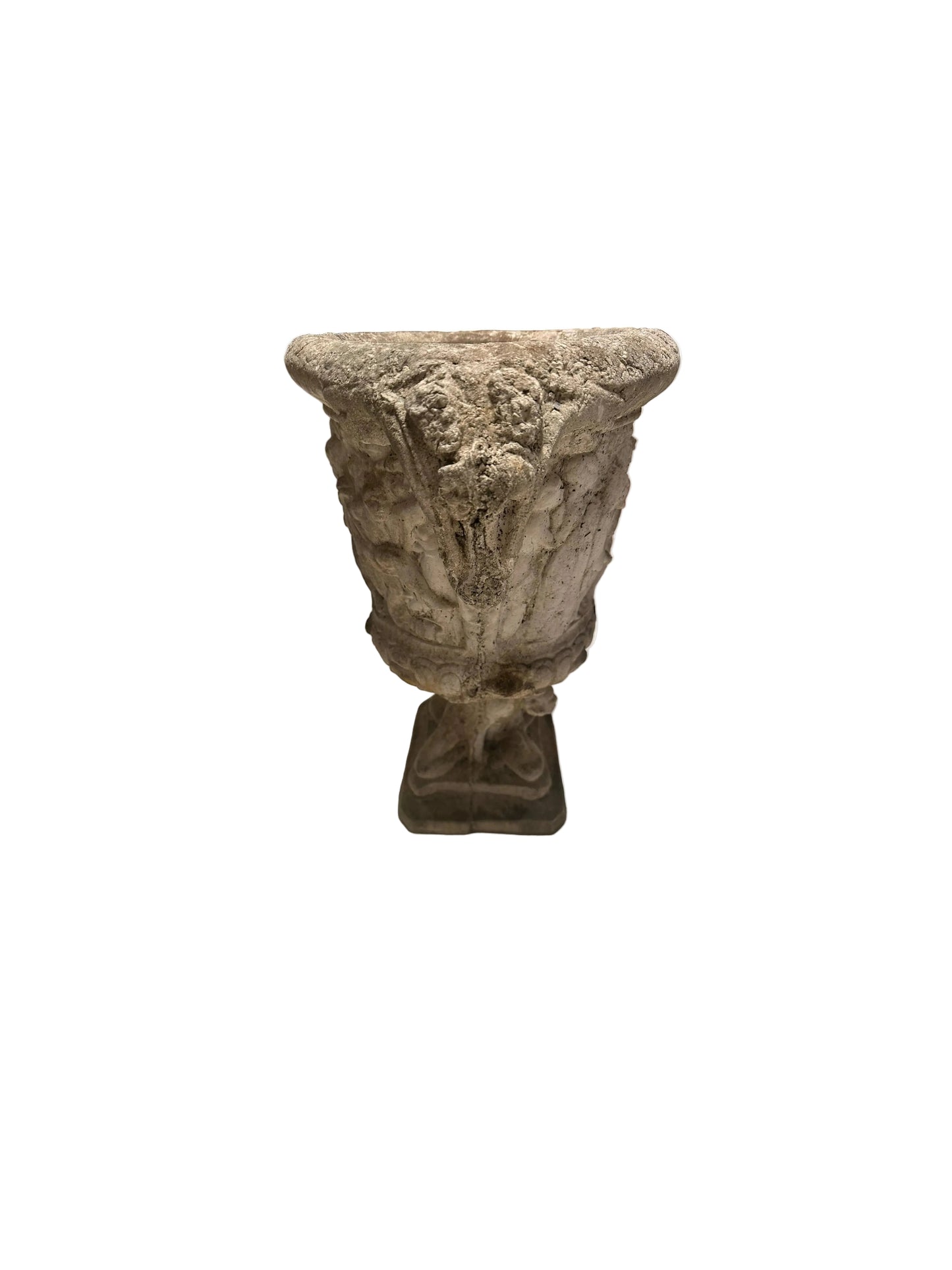 Concrete Regency urn, front angle showing classical figural relief and aged surface