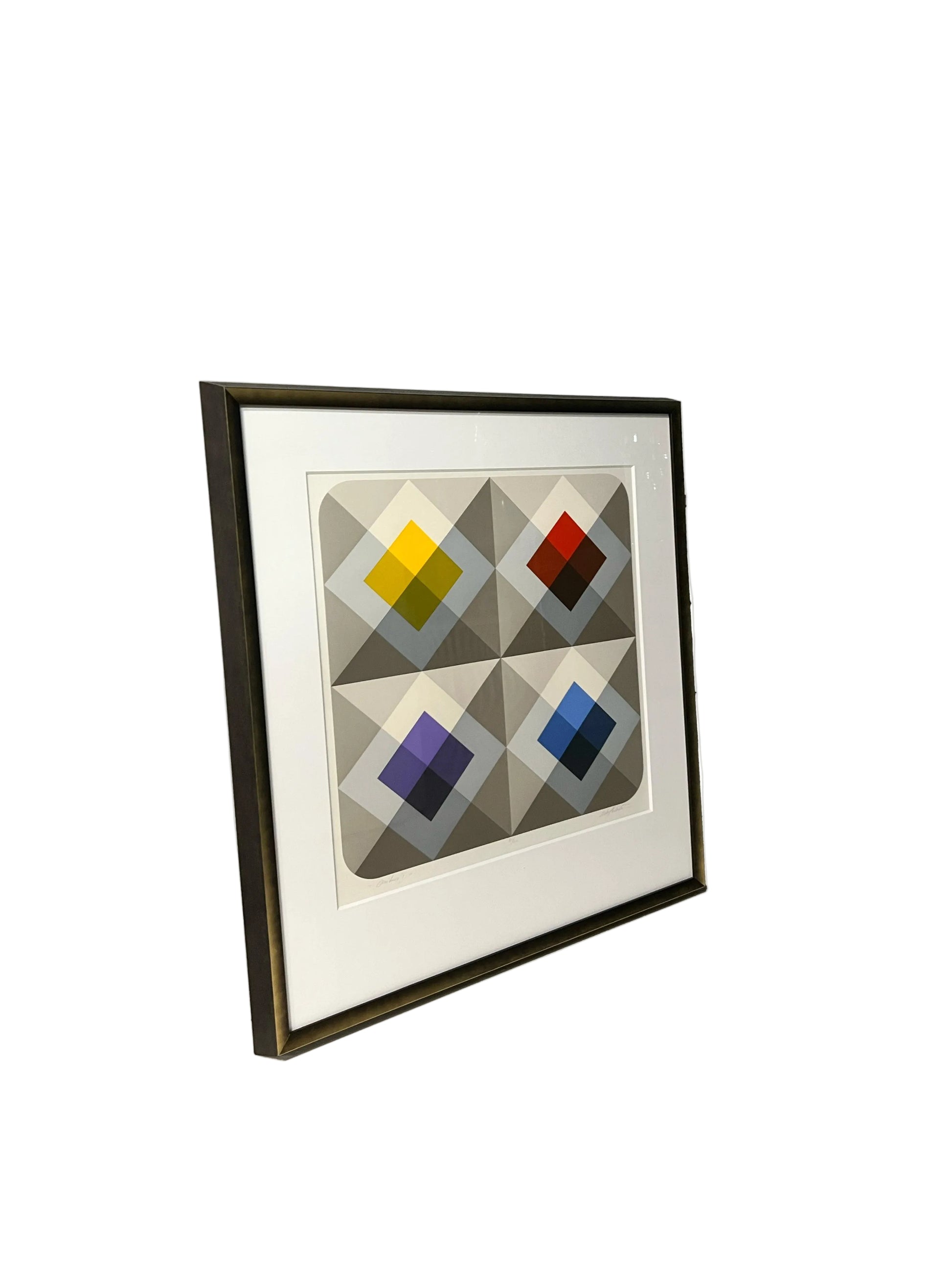 Framed geometric lithograph with four colored diamond motifs, angled side view