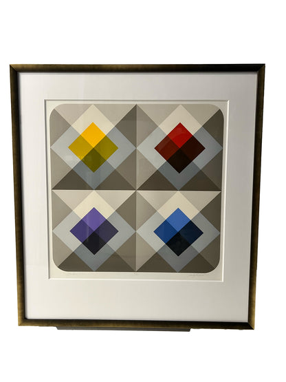 Geometric signed lithograph, front view of four colored diamonds on gray, in gold frame