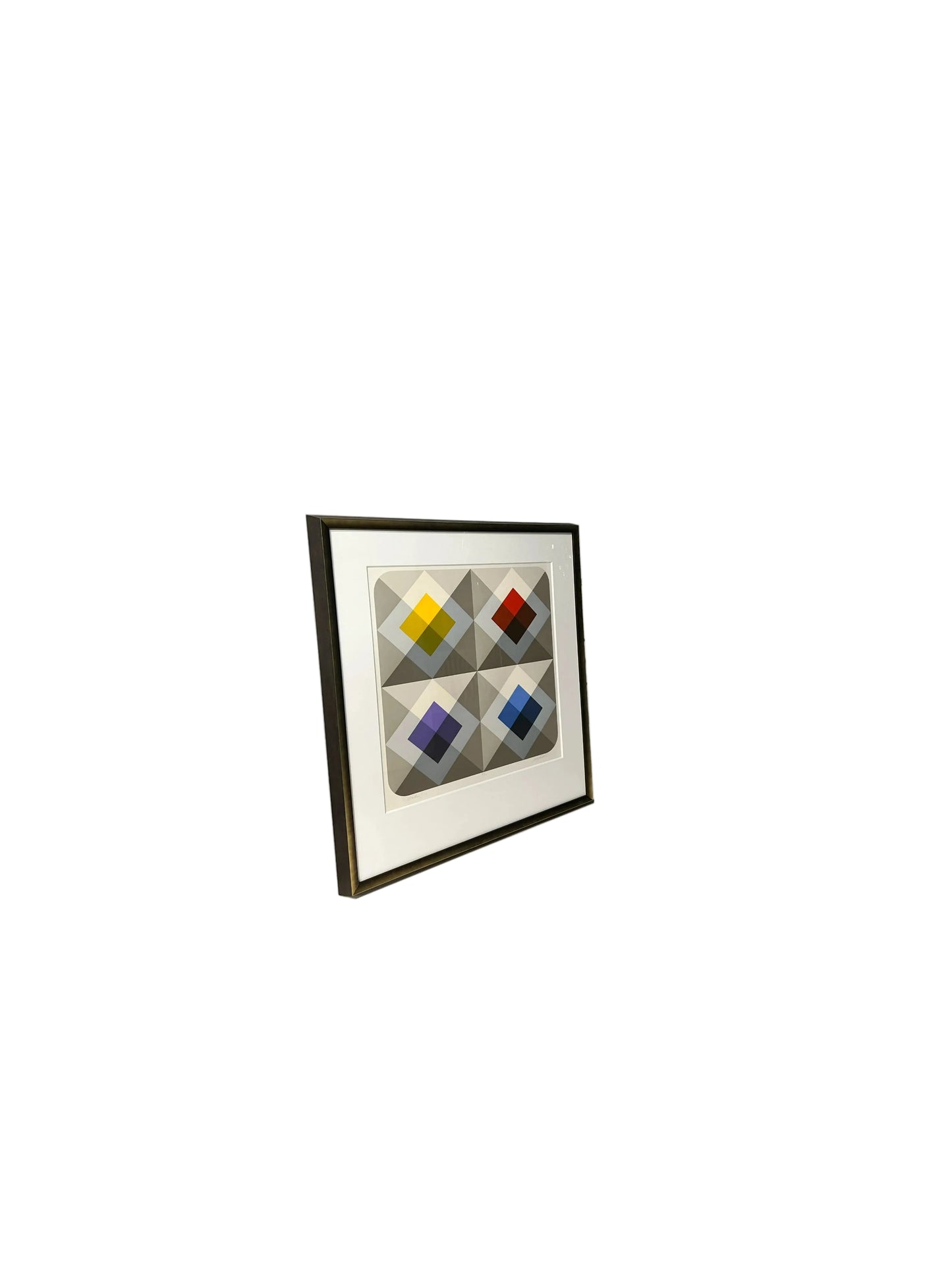 Framed geometric op-art lithograph with yellow, red, purple and blue diamonds, angled view
