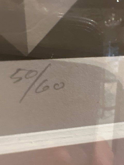 Close-up of pencil edition number '50/60' on geometric lithograph