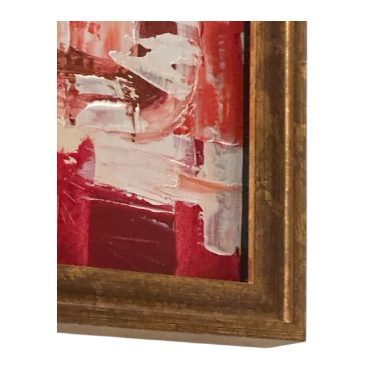 Close-up of lower corner of MCM red abstract painting showing thick impasto texture and gold frame