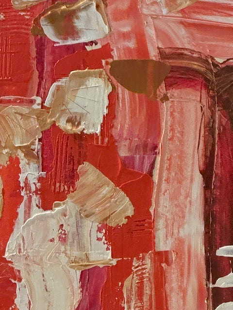 Detail of MCM abstract painting showing heavily textured red, pink and cream brushstrokes