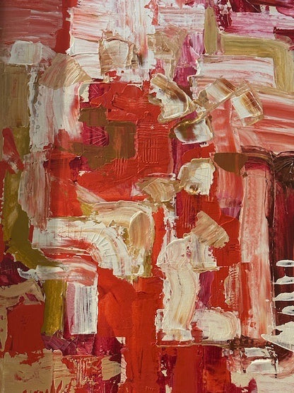 MCM abstract acrylic painting in red, pink, white and gold tones, framed