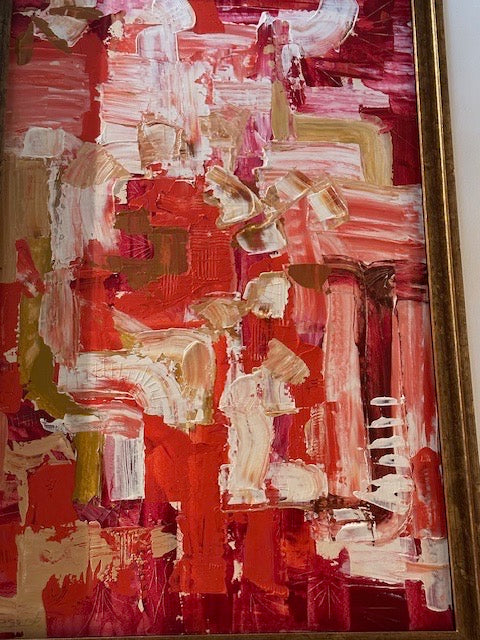Angled detail of MCM red abstract painting in gold wood frame showing impasto texture