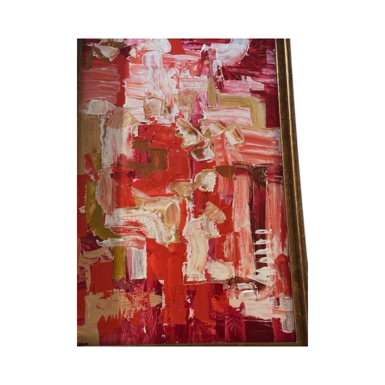 Angled view of MCM red and white abstract acrylic painting in gold frame